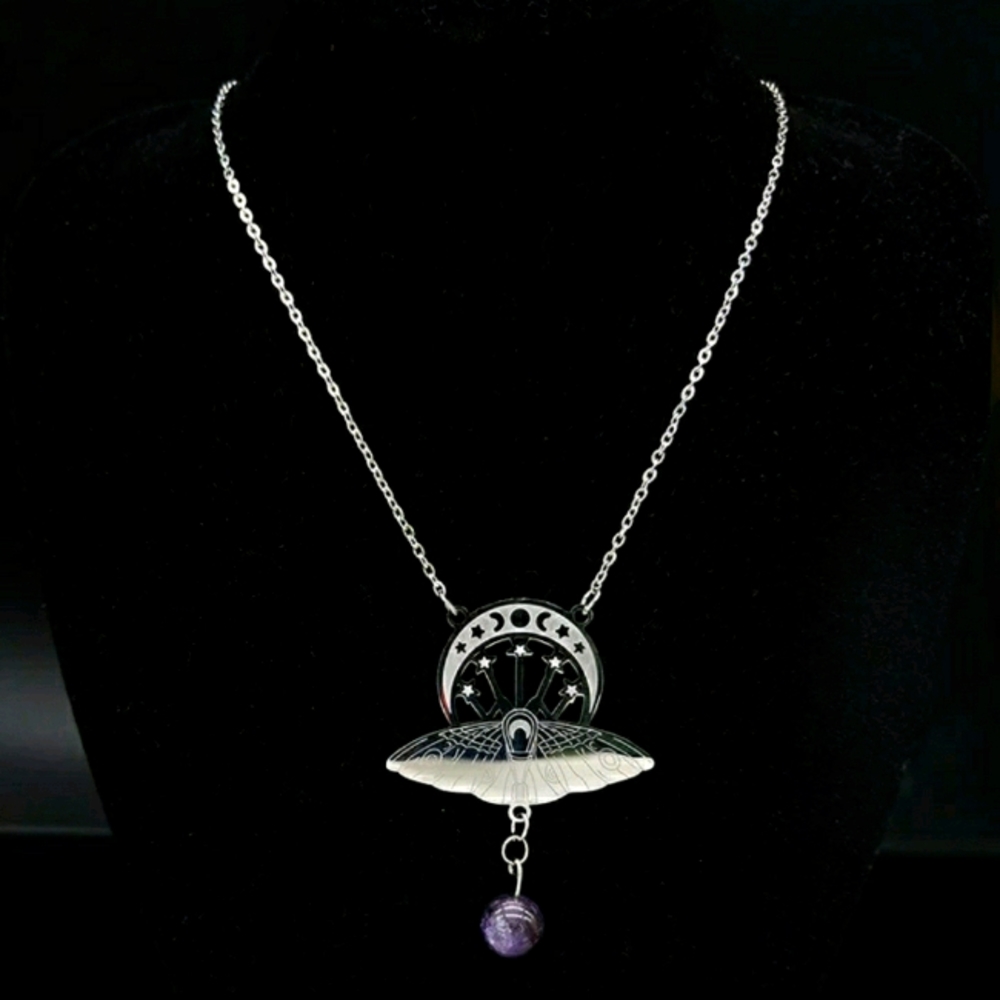 Silver Witchy Moth Moon Phases Pendant Necklace